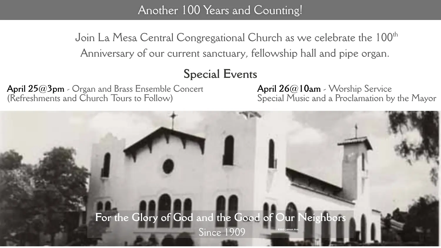 Black and white picture of church with 110+ years and counting celebration details.